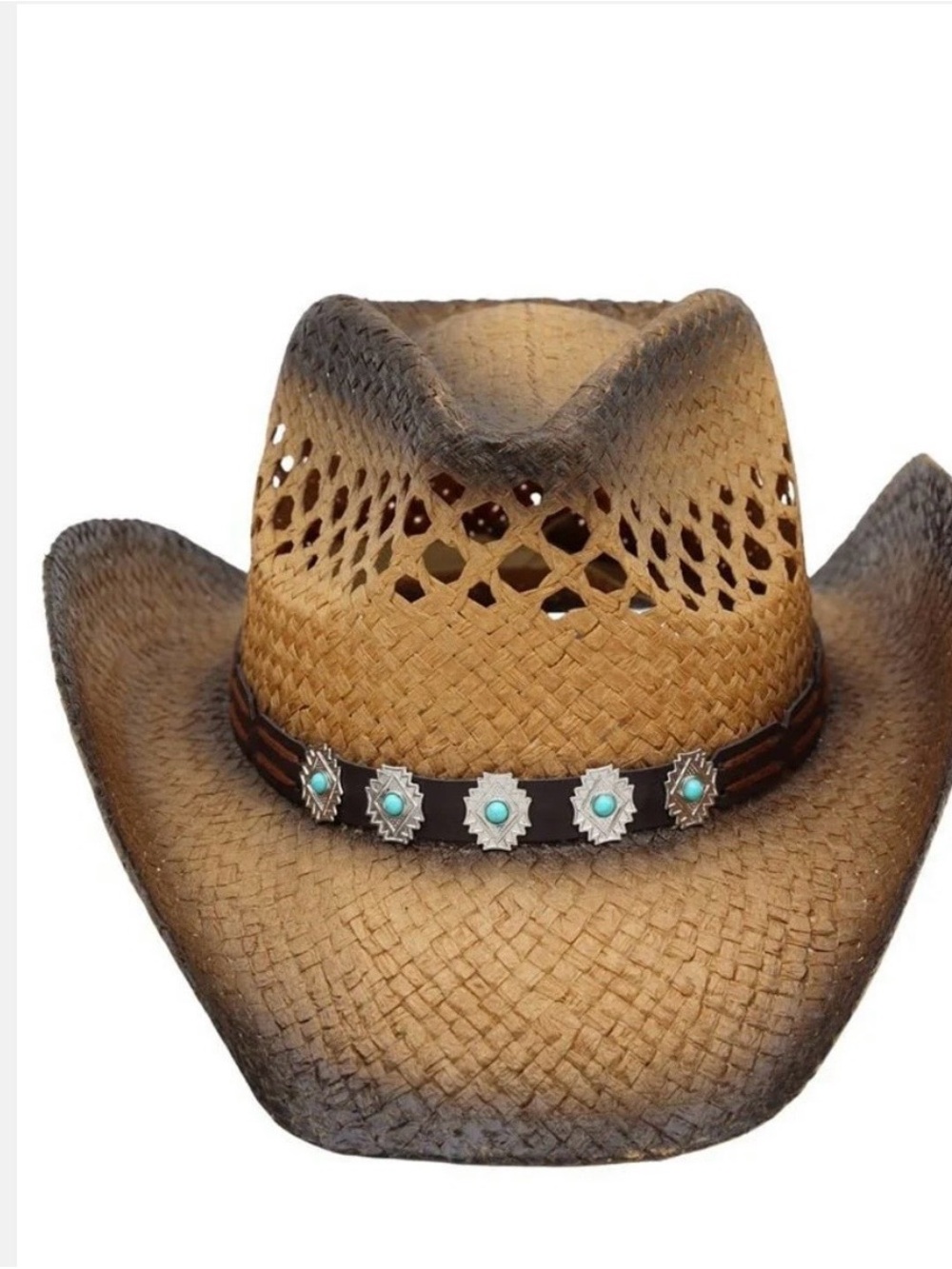 Women’s Straw Cowboy Hat with Turquoise Conchos - Brown